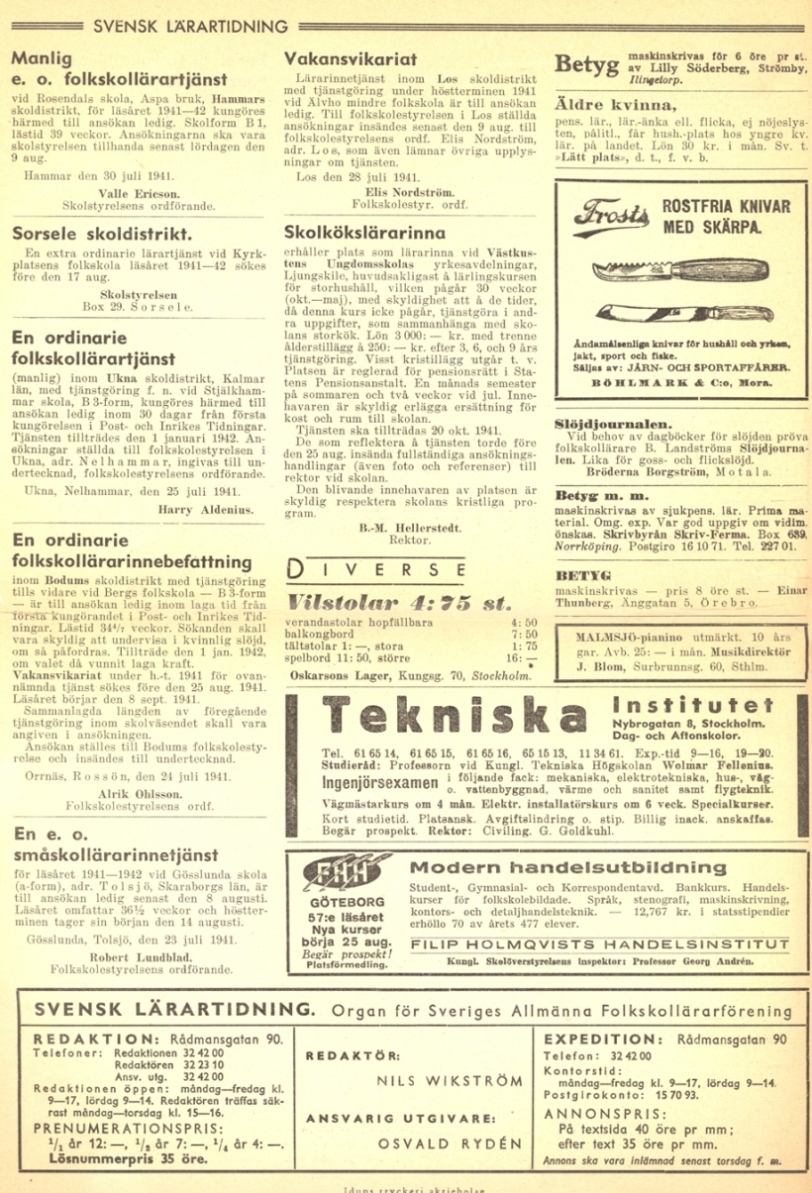 Advertisement in an issue of Swedish Teachers' Newspaper in 1941